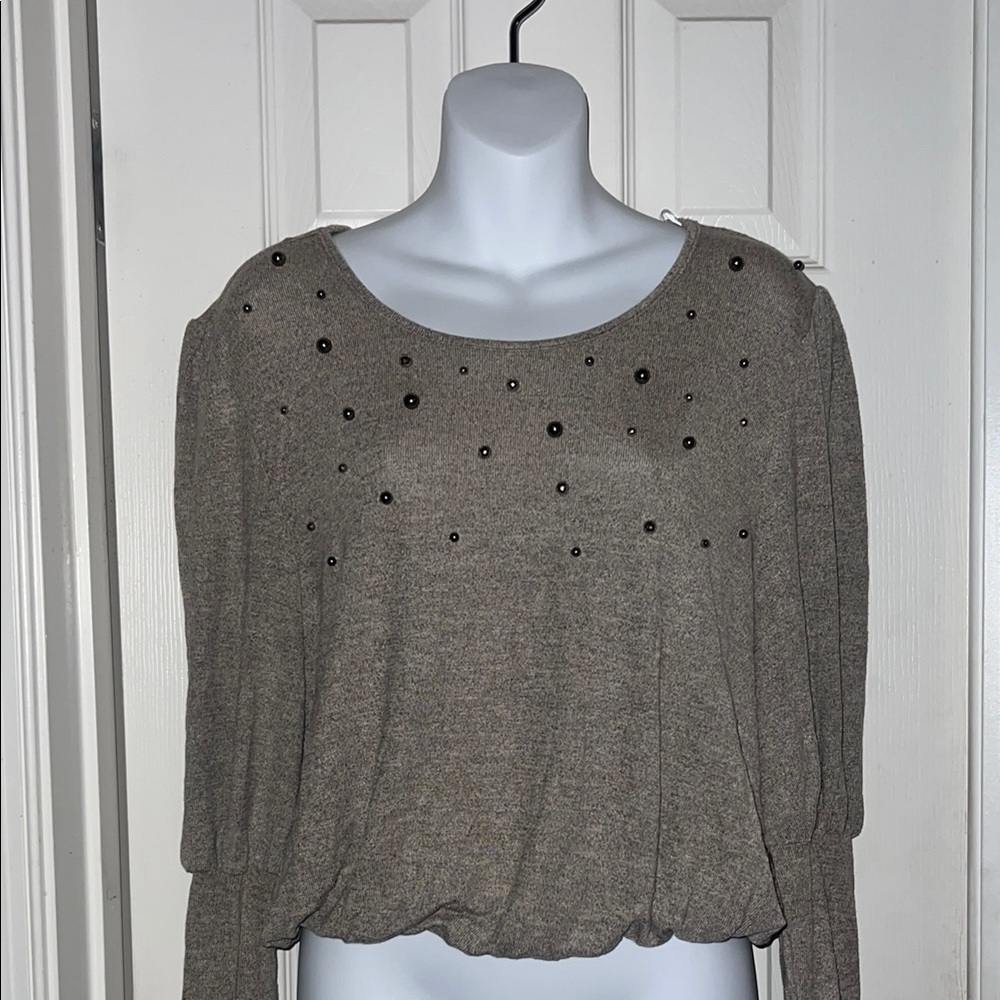 Roommates Embellished Puff Sleeve Crop Top Gray Brown